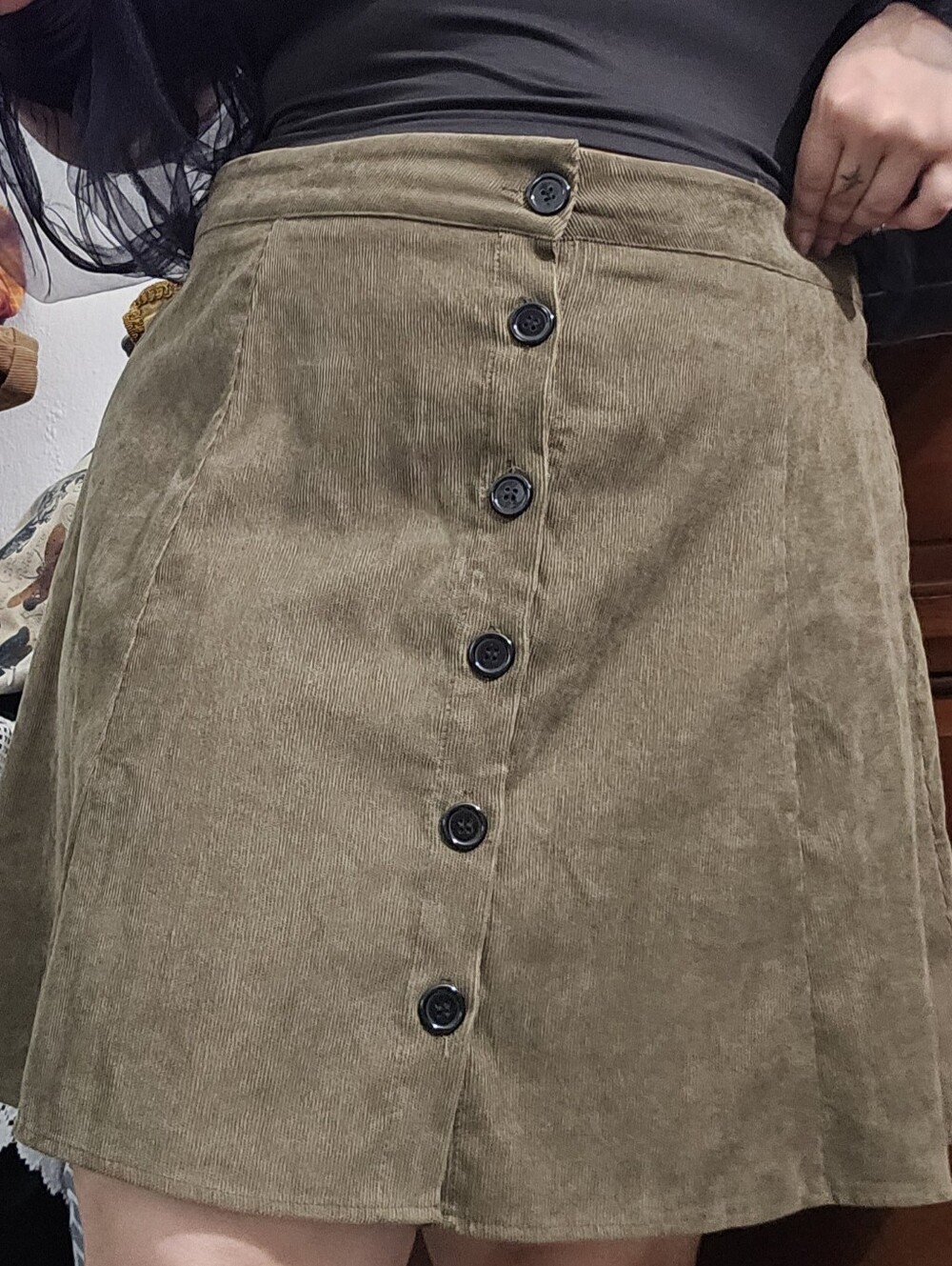Corduroy Button-Front A-Line Skirt - Olive